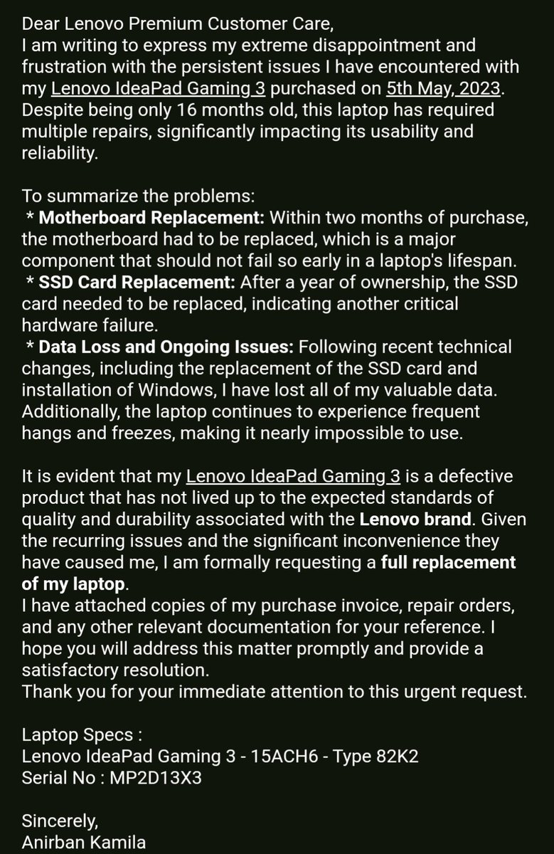 AstralKick009's tweet photo. @Lenovo_in I've had the worst exp with buying laptop from Lenovo.
I bought Lenovo IdeaPad Gaming 3, 1 year back and its bombarded with critical issue within 2 months of usage.
I need a laptop REPLACEMENT!!! 
I can't be spending my own money for these issue after warranty period. https://t.co/GUx1zOGpQN