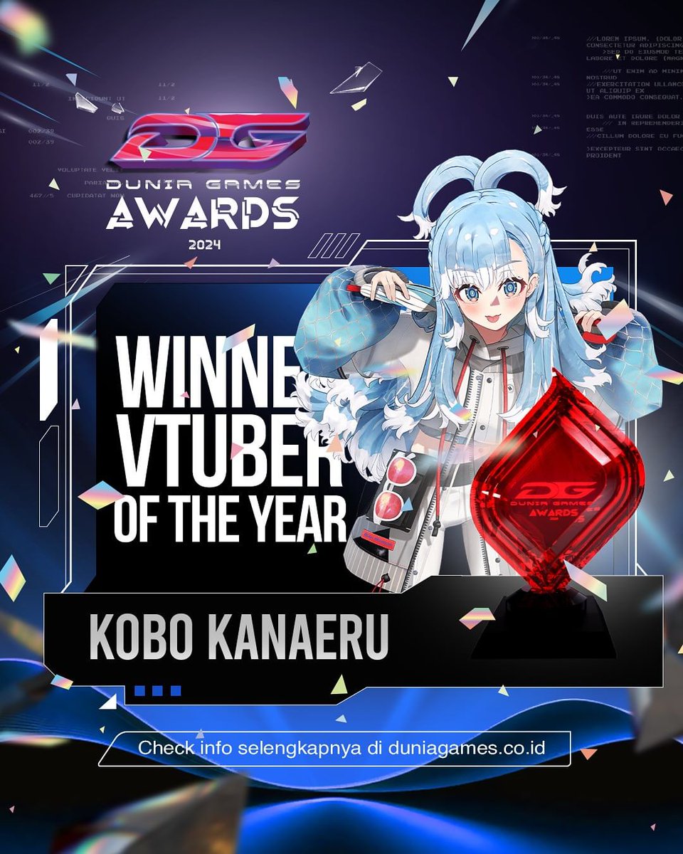Reghinskuy's tweet photo. Congratulations to @kobokanaeru for winning Vtuber of the Year at Dunia Games Award 2024 🥳🥳 https://t.co/B1U7K9Gngg