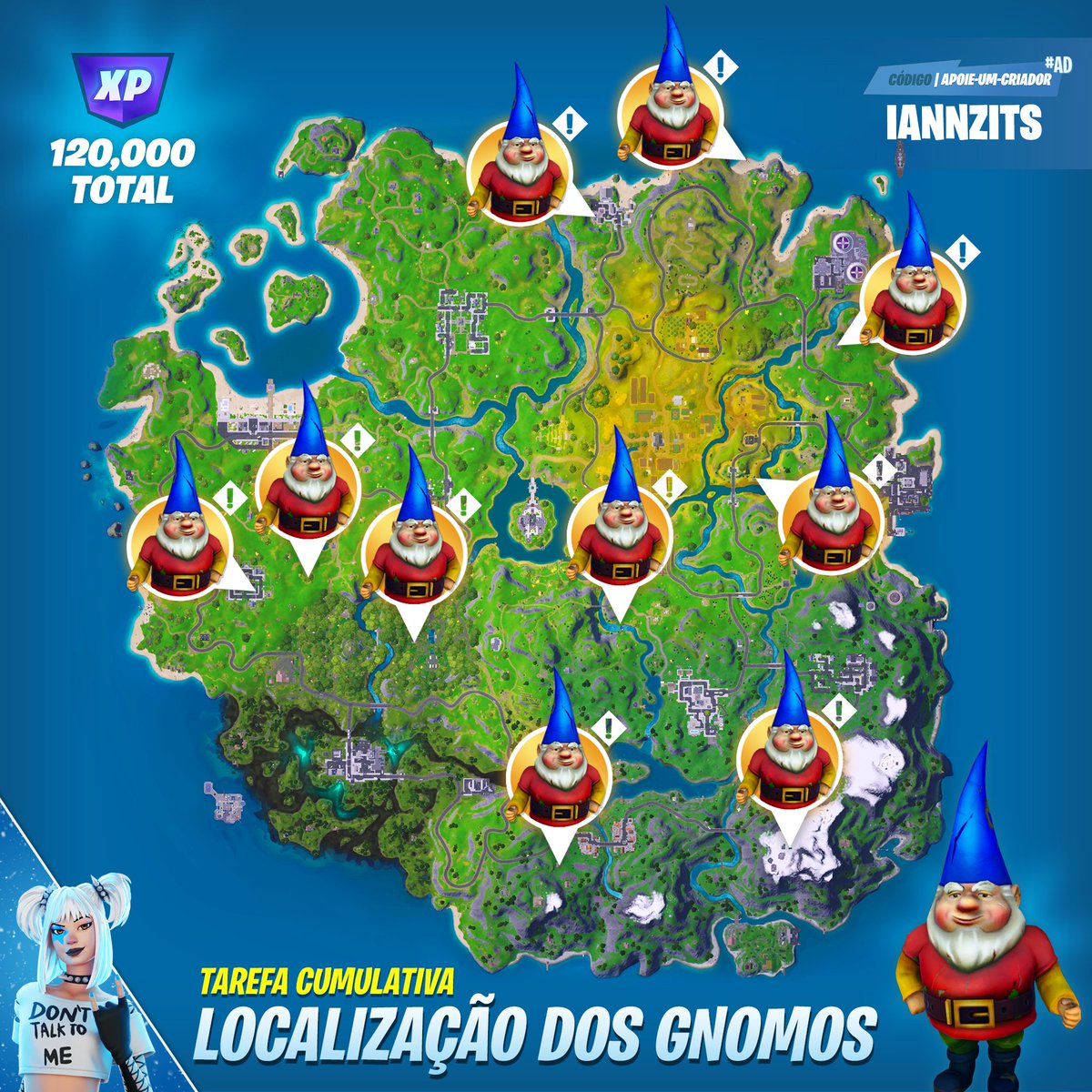 iannzits's tweet photo. 📍 LOCALIZAÇÕES: Todos os 10 Gnomos da Tarefa Cumulativa “Encontre os gnomos escondidos” no mapa do Capítulo 2: Remix | #Fortnite

— 10.000 XP cada Gnomo!
— 100.000 XP no total ao coletar todos os dez!
— 20.000 XP ao concluir a Tarefa coletando os dez! https://t.co/lnO8nLm3lI