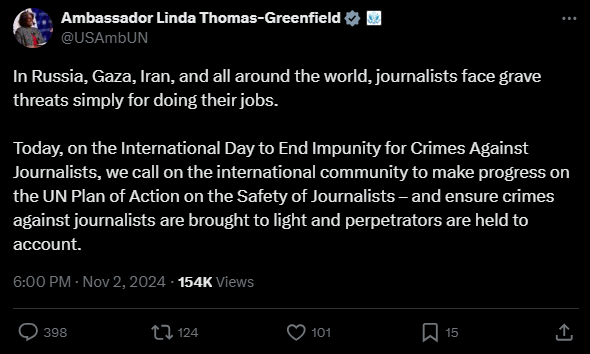 thinkth0716's tweet photo. She forgets that according to the
@pressfreedom
, at least 128 journalists and media workers have been killed in Israeli attacks in Gaza since the war began. CPJ drew attention to “an apparent pattern of targeting of journalists and their families by the Israeli military”. https://t.co/JZvyRwMaov