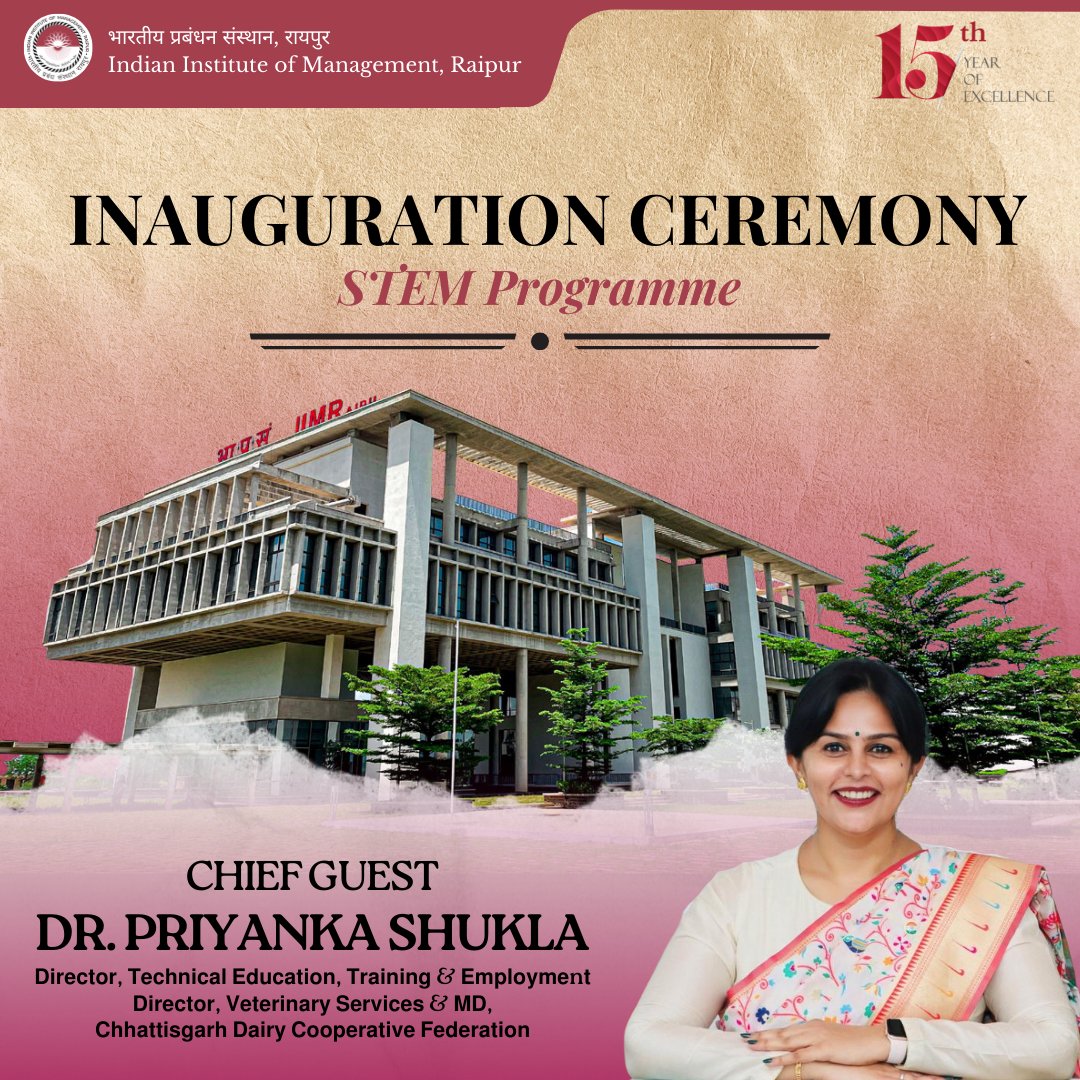 iimraipur's tweet image. IIM Raipur is honored to welcome Dr. @PriyankaJShukla, Director of Veterinary Services, Chhattisgarh Livestock Development Department, as our Chief Guest for the Inauguration Ceremony of the STEM Program under the SWAVALAMBAN Initiative.
#IIMRaipur #STEMProgram #Entrepreneurship