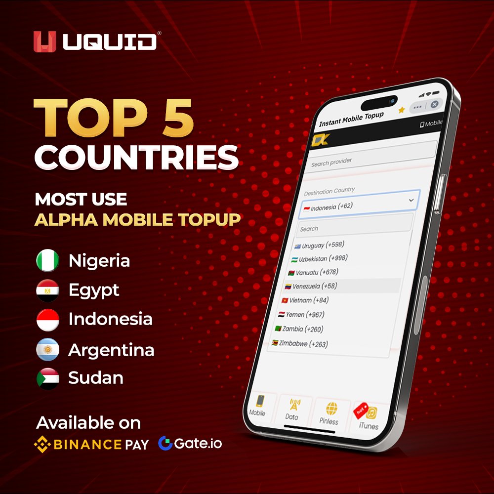 Top Up with Crypto is always the hottest service at #UQUID. Here are #Top5 countries loving <a href="/AlphaTopup/">Alpha Mobile Topup</a> the most!

#UQUID &amp; Alpha Topup offer top-up services with crypto in 200+ countries🌍Convenient, Fast &amp; No fiat needed! 🚀 TRY NOW!