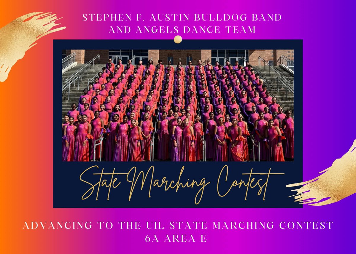 The <a href="/SFABulldogBand/">Austin Bulldog Band</a> and Angels Dance team have advanced to the 2024 STATE Marching contest! 💜🧡 #BeRemembered