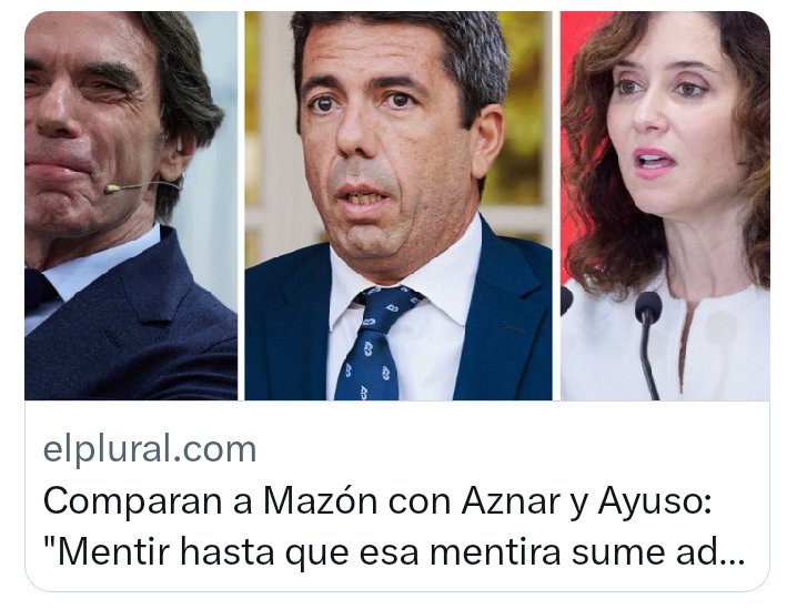 piedicasero's tweet photo. Comparan a @carlos_mazon_ con Aznar y @IdiazAyuso: "Mentir hasta que esa mentira sume adeptos y se convierta en la verdad"

Las mentiras de esos tres terroristas han dejado muchos muertos pero tienen el poder judicial para salvarle el culo.... https://t.co/NoBJpsXfSv