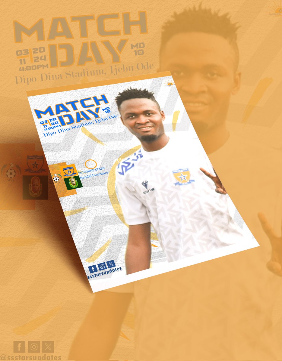 ssstarsupdates's tweet photo. Matchday.
🏆NPFL
🆚 @BendelInsurance
🏟️ Dipo Dina Stadium Ijebu Ode
🟠⚪️🔵✨✨
#NPFL25 // #PLASUN // MD 10
#OwenaWhales
#SunshineStarsUpdate https://t.co/65mSngOJE6