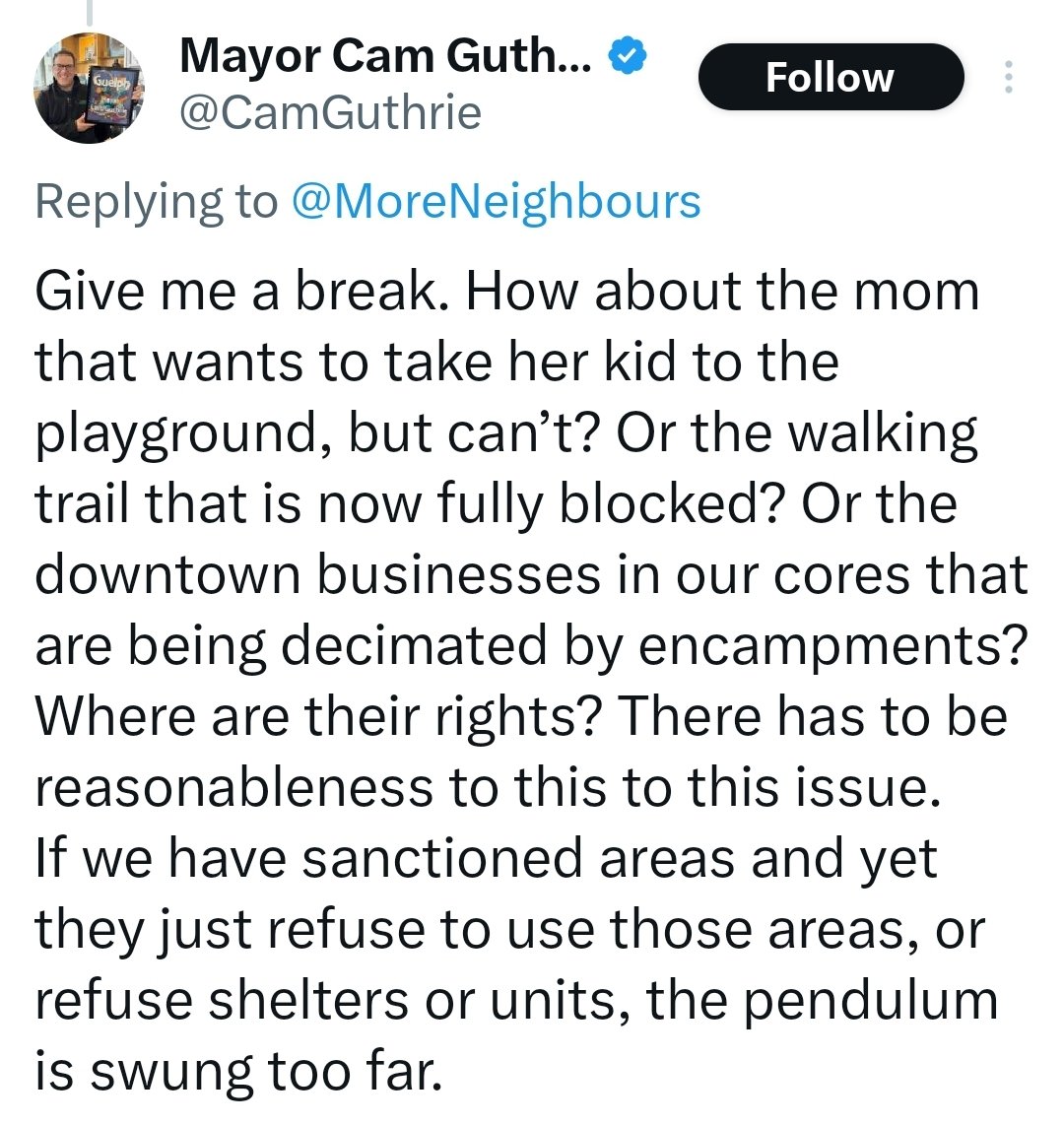 Anyone else tired of the "we tried nothing and we're all out of ideas" crowd? These mayors could have demanded Ford restore the chronic homelessness funding he cut in his first term. Instead they campaigned to take away the human rights of their most at-risk citizens.