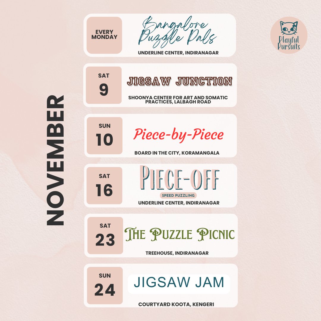 Bangalore, November is puzzle-packed! Where will we see you?

Tickets @ link in bio.