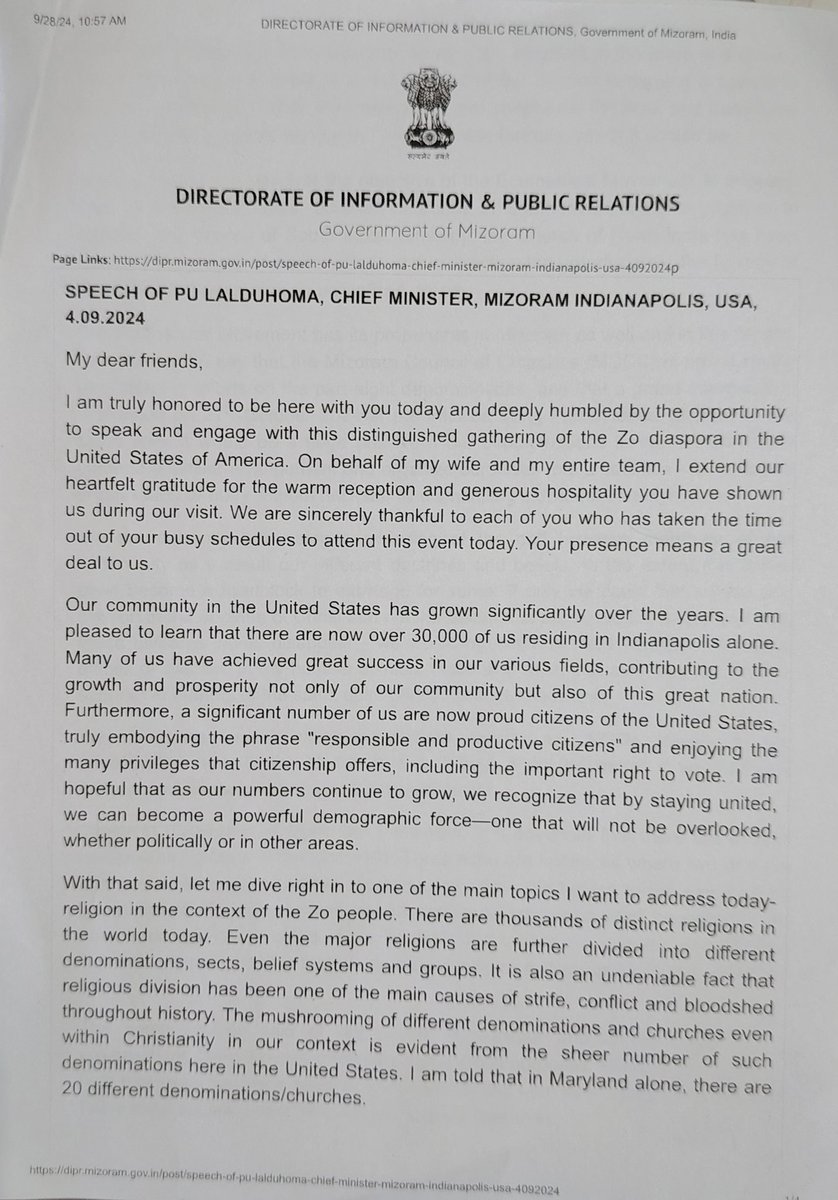 yumrupachandra's tweet photo. To those who cannot see the Manipur conflict in larger picture, this is Chief Minister of a Indian state calling for a Nation Hood beyond the boundaries of India in US. It's official statement published and uploaded in state DIPR website. Will the @PMOIndia @HMOIndia ignore this. https://t.co/zUkaAr8jxJ