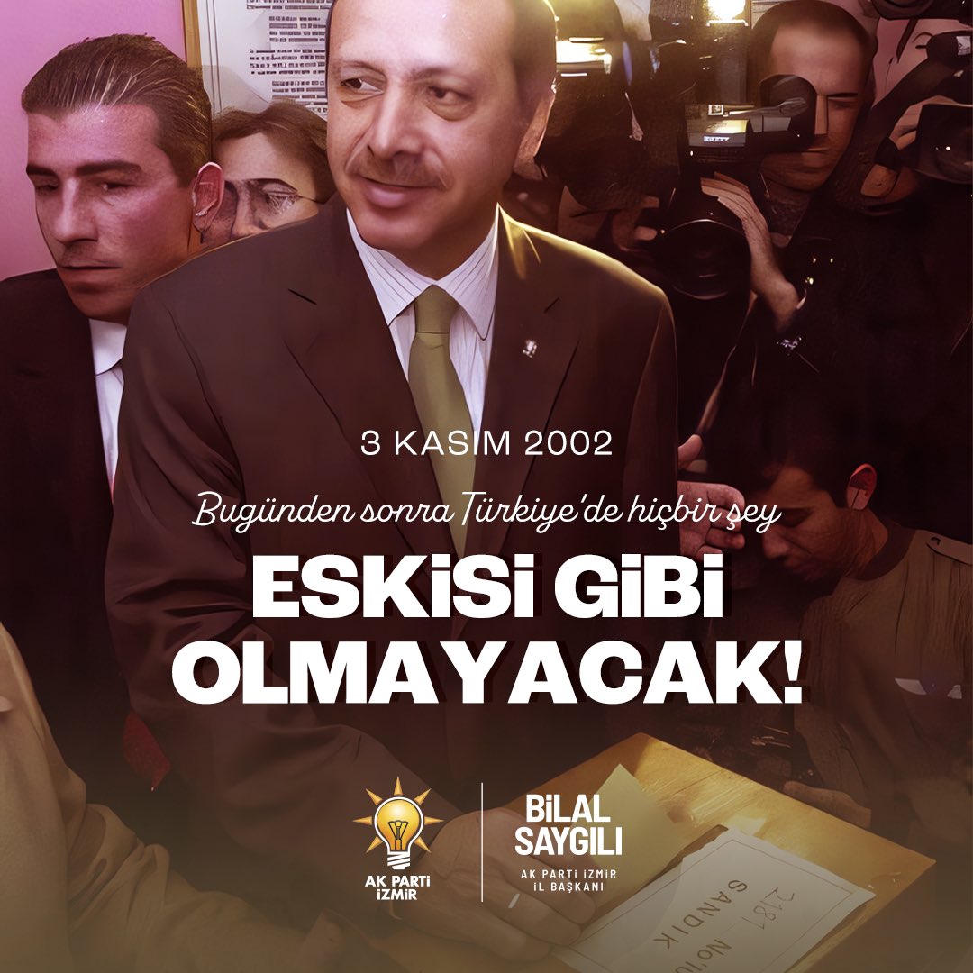 Bilalsaygili's tweet photo. Ülkelerin ve toplumların dönüm noktaları vardır. Türkiye’nin siyasi tarihi, demokrasi kültürü ve kalkınma serüveni için dönüm noktası 3 Kasım 2002’dir.

Bugün ötekisi olmayan, ayrıştırmayan, çoğulcu ve sivil bir siyaset anlayışı varsa bunun miladı 3 Kasım 2002’dir.

Bugün milli savunma sanayi alanında kendi üretimini yapan, dış politikada yüksek itibarı olan, eğitim ve sağlıkta devrim yapmış bir Türkiye varsa bunun miladı 3 Kasım 2002’dir.

Bugün dünyanın en büyük 11. ekonomisi haline gelen, kişi hak ve özgürlük alanlarını genişleten, ulaşımda çağ atlayan, kendi enerji ve yer altı kaynaklarını işleyebilen bir Türkiye’ye tanık oluyorsak bunun miladı 3 Kasım 2002’dir.

Bugün lider ülkelerin küresel liginde güçlü bir aktör ülke olarak yürüyüşümüz sürüyor. 3 Kasım 2002’de duyduğumuz heyecandan hiçbir şey kaybetmeden Genel Başkanımız ve Cumhurbaşkanımız Recep Tayyip Erdoğan’ın liderliğinde “Büyük Türkiye” idealini merkeze alarak çalışmaya, daha çok çalışmaya ve hep çalışmaya devam edeceğiz.
