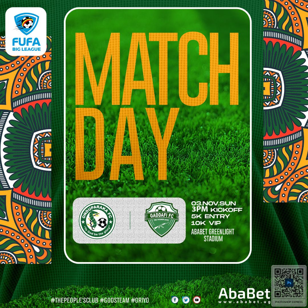 OnduparakaFC1's tweet photo. #ONDUGAD | MATCH DAY
A Big one to show up today at ABABET GREENLIGHT STADIUM as we host Gadaffi in Match Day 5.
KICK OFF: 3PM | FEE: 5k, 10k
Commentary Link 👉 https://t.co/q0Az7LSlD4
#AmaOnduparaka | #GodsTeam https://t.co/dACwSix08C