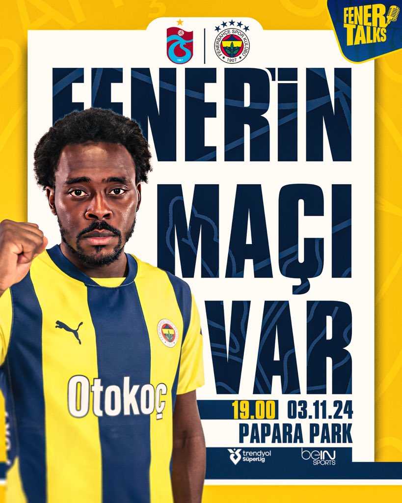 ⚡️ Fenerbahçe, Trabzonspor deplasmanında!

🗓️ 3 Kasım Pazar  
🕖 19.00
📍 Papara Park 
📲 #TSvFB