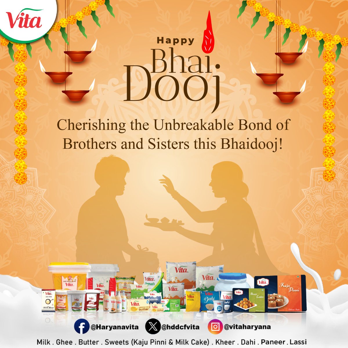 HDDCFVITA's tweet image. Celebrating the cherished bond of protection and love on this special day! Make your Bhai Dooj moments sweeter with the goodness of Vita Dairy products. #BhaiDoojDelights #BondWithVita #VitaDairyCare #LoveAndProtection#VitaHaryana