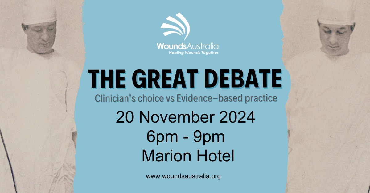 Clinician's choice vs evidence-based practice? You decide! Join our teams of experts as they present their cases at the Wounds Australia Great Debate in Adelaide on 20 Nov. REGISTER: woundsaustralia.org/#action=showEv…
#wounds #events #evidence #clinicians #woundhealing
Thanks to @hartmannau