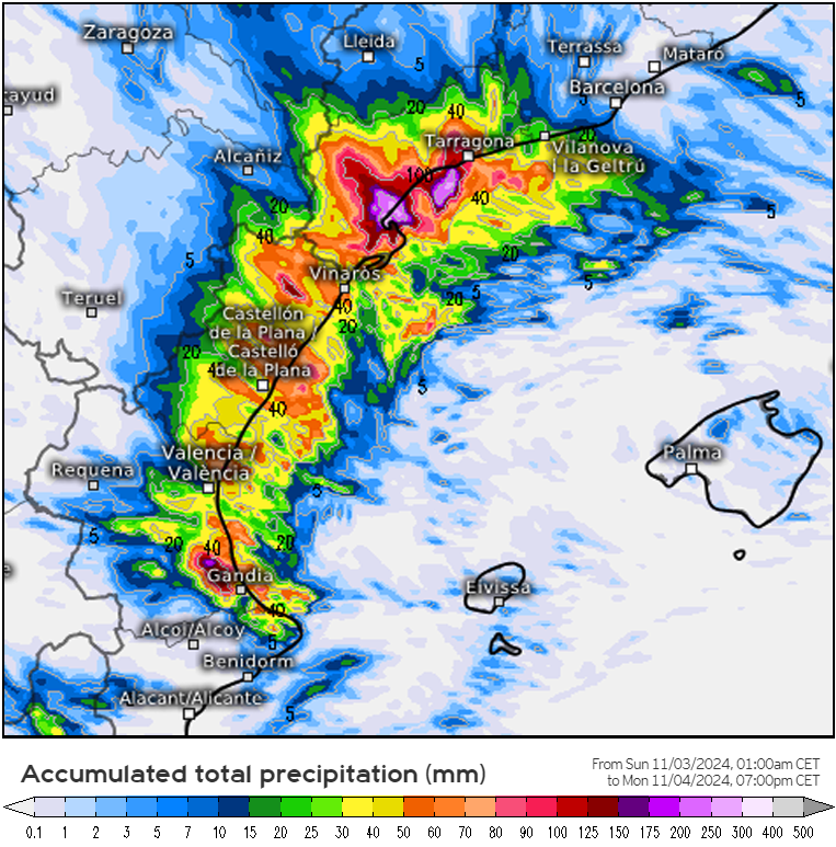 Bon dia! Avui diumenge poso el mapa d'acumulació de precipitació previst pel model Arome per les pròximes 36 hores. La famosa DANA continuarà enviant pluja al País Valencià i sobretot al sud de Catalunya, aquí podrien sumar 200 mm més. 

⚠️Molta precaució, plourà sobre mullat.⚠️