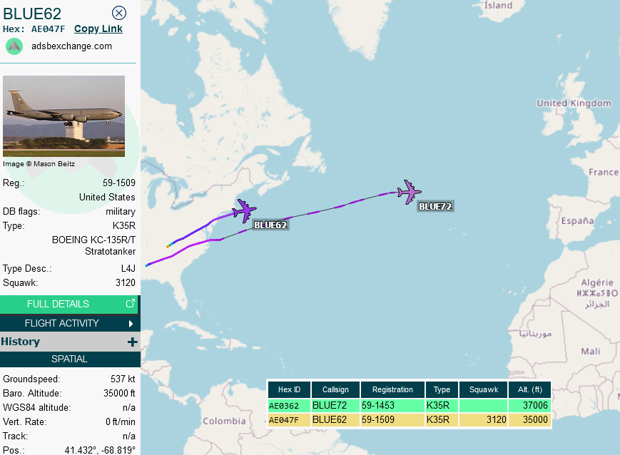 SirListenalot's tweet photo. #KC135's #BLUE62 & #BLUE72 relocating to Rota, Spain. Second pic shows Nov02 1810z #BLUE61 & #BLUE71 relocating to Al Udeid. The BLUEs will do a westbound drag. Third pic shows misinformation ๐
https://t.co/scVvGP6tNB