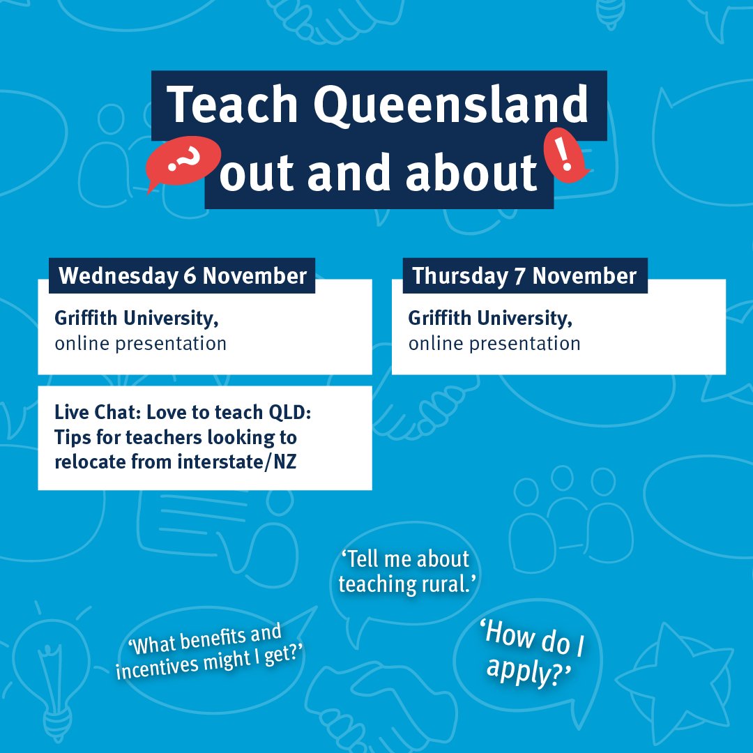 Teach Queensland (@teachqld) on Twitter photo We have more events lined up for you this month!
📅 6/11 <a href="/Griffith_Uni/">Griffith University</a>, online 9am
💻 Live Chat: Love to teach QLD: Tips for interstate and NZ teachers considering a move to Qld eventbrite.com.au/e/love-to-teac…
📅 7/11 <a href="/Griffith_Uni/">Griffith University</a>, online 4:30pm We have more events lined up for you this month!
📅 6/11 <a href="/Griffith_Uni/">Griffith University</a>, online 9am
💻 Live Chat: Love to teach QLD: Tips for interstate and NZ teachers considering a move to Qld eventbrite.com.au/e/love-to-teac…
📅 7/11 <a href="/Griffith_Uni/">Griffith University</a>, online 4:30pm