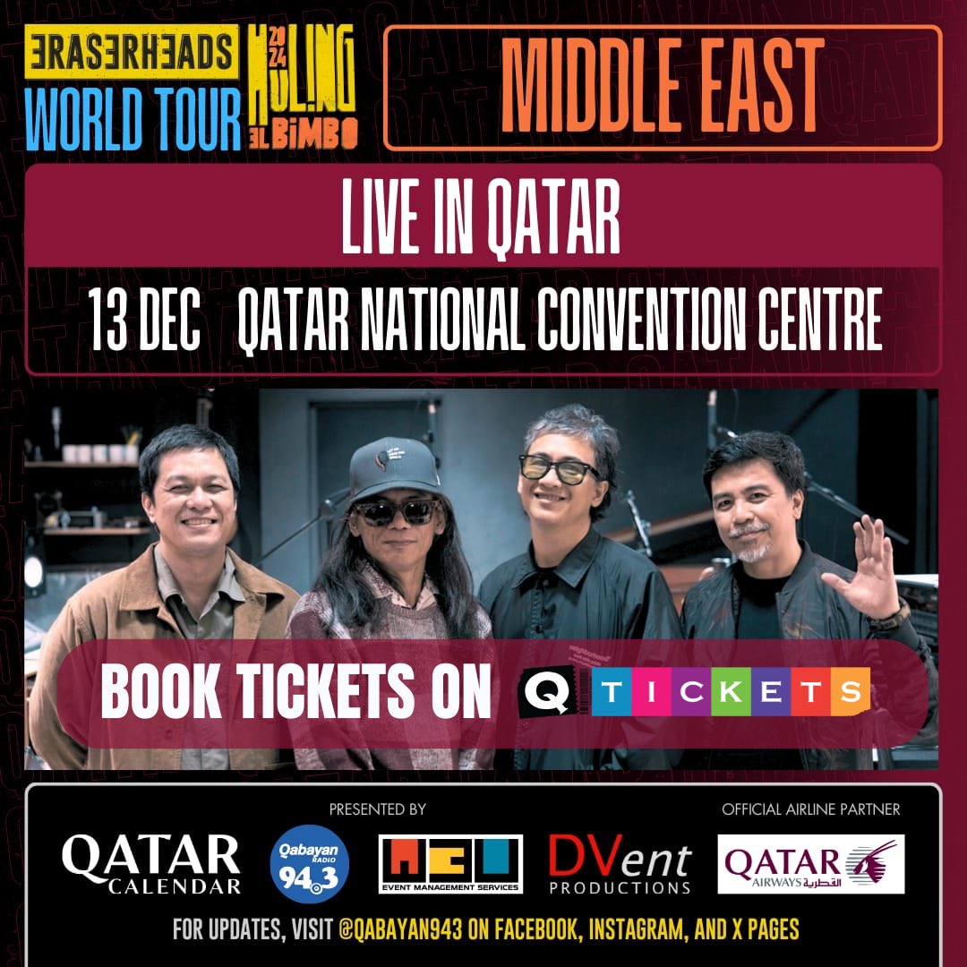 The legendary Filipino band Eraserheads is performing live in Qatar on Dec 13, 2024.

Tickets at q-tickets.com 

#Eraserheads #EraserheadsQatar #KabayanConcert #QTickets