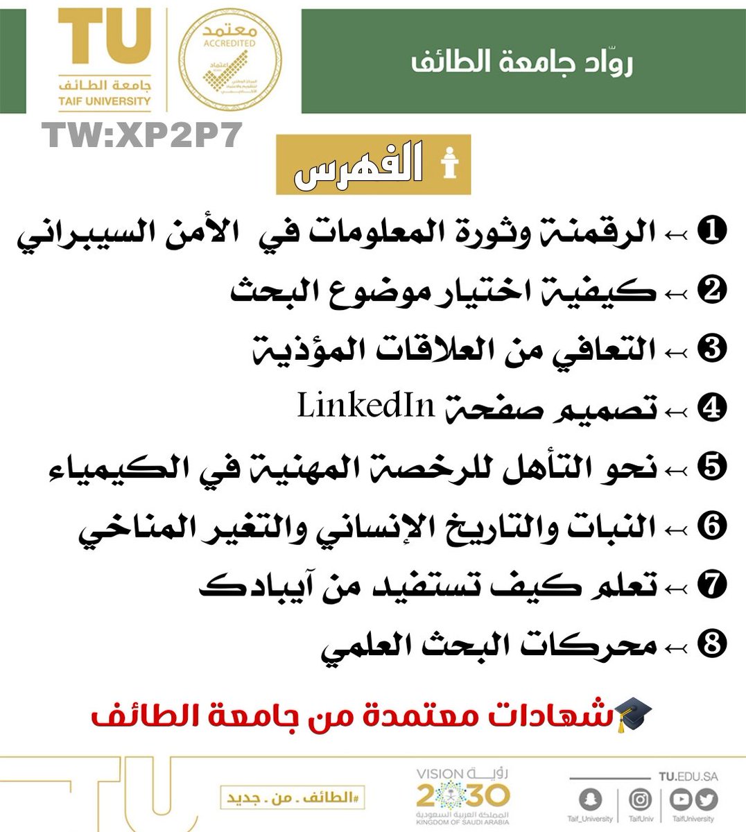 📍تدعوكم جامعة الطائف لحضور
🩸في دورات تدريبية مكثفة مجانية

🖥️ 7 دورات مجانية معتمدة
🎓 شهادات معتمدة من جامعة الطائف 🌹

📂 للتفاصيل:⇩
tanfez.com/?p=18810
.
.
#سجل_دورات_معتمدة