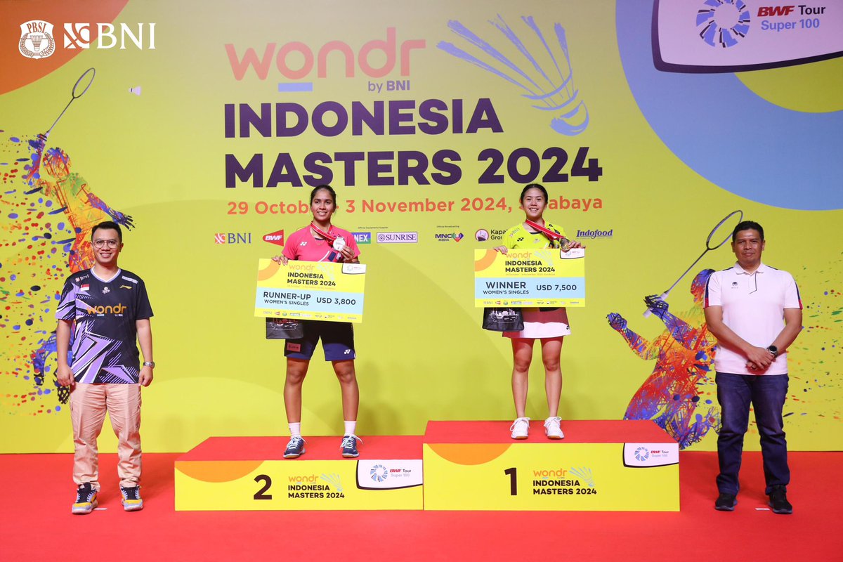 Ni Kadek Dhinda di Podium Juara✨🥇

Ni Kadek Dhinda merebut podium tertinggi WONDR by BNI Indonesia Masters II 2024.

Pebulu tangkis tunggal putri asal Bali itu menjadi juara setelah menang atas Karupathevan Letshanaa (Malaysia).

Menyala!🔥🇮🇩

Ni Kadek Dhinda Road to Final:

Q1
