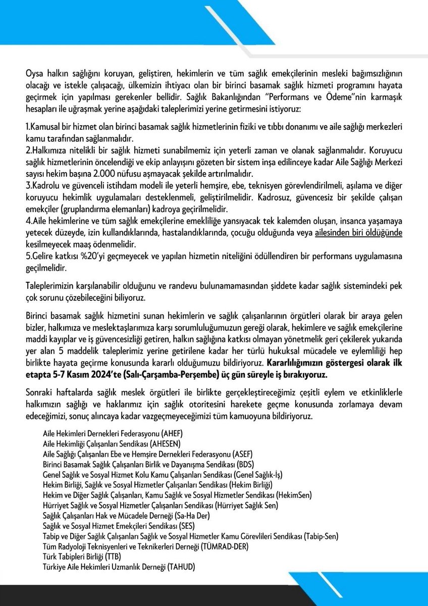 Aile sağlığı merkezleri için,
Kimsenin fikri alınmadan,
Çalışanlar için yeni ceza ve kesintiler içeren,
Çalışmanın sürekli dayatmalara maruz bırakıldığı eziyet yönetmeliğine karşı paydaş sivil toplum kuruluşlarıyla birlikte yapılacak iş bırakma eylemlerini destekliyor