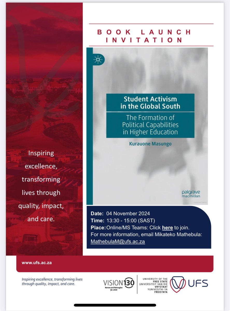 HEHD_SA's tweet photo. Join us tomorrow as we launch @ku_TMngos' book on student activism in the Global South! 🌍📚 Don't miss out on this insightful event. #BookLaunch #StudentActivism #GlobalSouth https://t.co/HWQJRbOSks