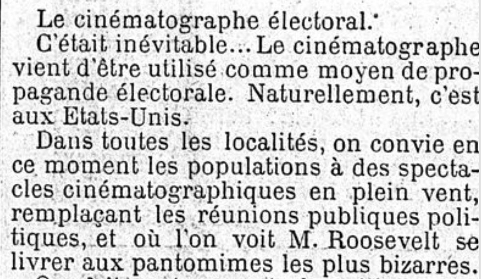 CinemaHistoire's tweet photo. Il y a 120 ans, Le Figaro du 2 sept 1904 note goulûment l'usage que fait du cinématographe Théodore Roosevelt pour sa campagne électorale. Toute ressemblance avec des personnages existants....

https://t.co/PpdOdDt2jD https://t.co/0cDk8ZgggG