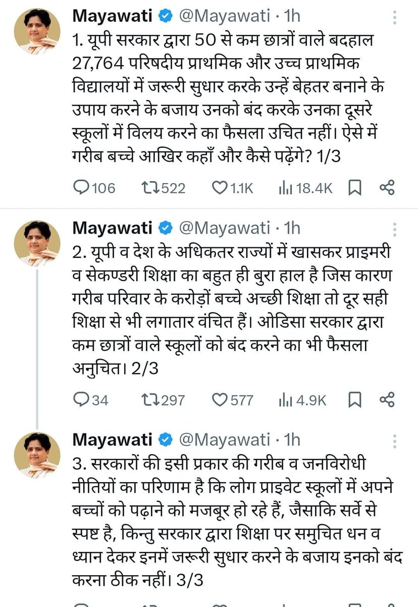 bstvlive's tweet photo. बीएसपी सुप्रीमो मायावती ने योगी सरकार के उस फैसले की आलोचना की है जिसमें 27 हजार से भी ज्यादा सरकारी स्कूलों को बंद करने का निर्णय लेने की प्रक्रिया शुरू हुई है।

मायावती ने कहा है कि सरकारी स्कूल बंद करने पर गरीबों के बच्चे कहां पढ़ेंगे?

स्कूलों को ठीक करने की जरूरत है, उन्हें बंद करने की नहीं।

#BreakingNews | #PoliticalUpdate | #BharatSamachar | @bspindia | @Mayawati