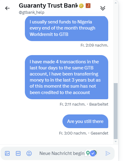 Chui_SF's tweet photo. @gtbankhelp_ql To address the situation effectively, I believe it’s important to highlight that @gtbank_help initiated a chat with me but has not replied since Friday. This lack of response demonstrates how little they value their customers. #Urgent #CustomerServiceFail https://t.co/15VThfn09H