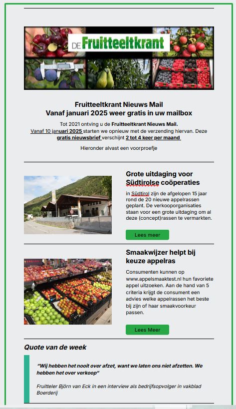 Bekijk hier alvast een voorproefje van de Fruitteeltkrant Nieuws Mail. Vanaf 10 januari 2 tot 4 keer per maand gratis in je mailbox
preview.mailerlite.io/emails/webview…

#Fruitteeltkrant #fruitteeltnieuws #fruitteeltblad #Fruitteelt #nieuwsmail