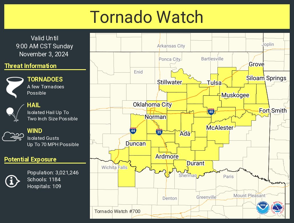 NWStulsa's tweet photo. A tornado watch has been issued for parts of Oklahoma and Texas until 9 AM CST https://t.co/lcFoatq6Sg
