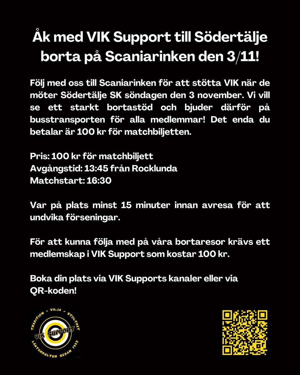 VIKSupport's tweet photo. Det finns ett fåtal platser kvar på dagens resa till Södertälje! Boka er nu! Bussen avgår 13.45 från Rocklunda! Vi bjuder på resan så det enda ni betalar är 100kr.

Boka er här!
https://t.co/QhbgYq3WW1 https://t.co/jiFE3egXzH