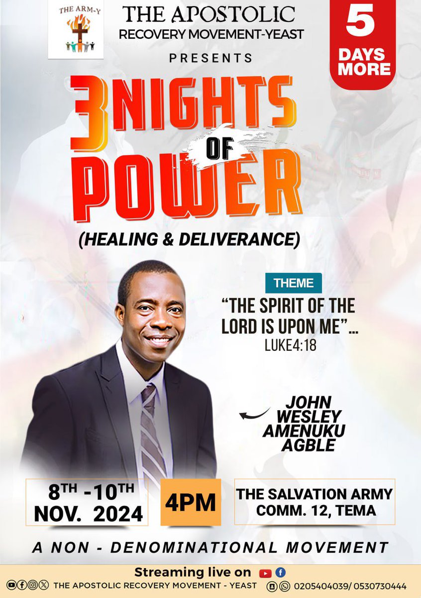 the_arm__y's tweet photo. “Only 5 Days Left! Just as the *5 wise* virgins prepared with oil, let us prepare our hearts and minds for ‘3 Nights of Power.’ Don’t be left behind—come ready to receive healing and deliverance.
#The_ARM-Y #3NIGHTSOFPOWER https://t.co/lqGExFdO2a