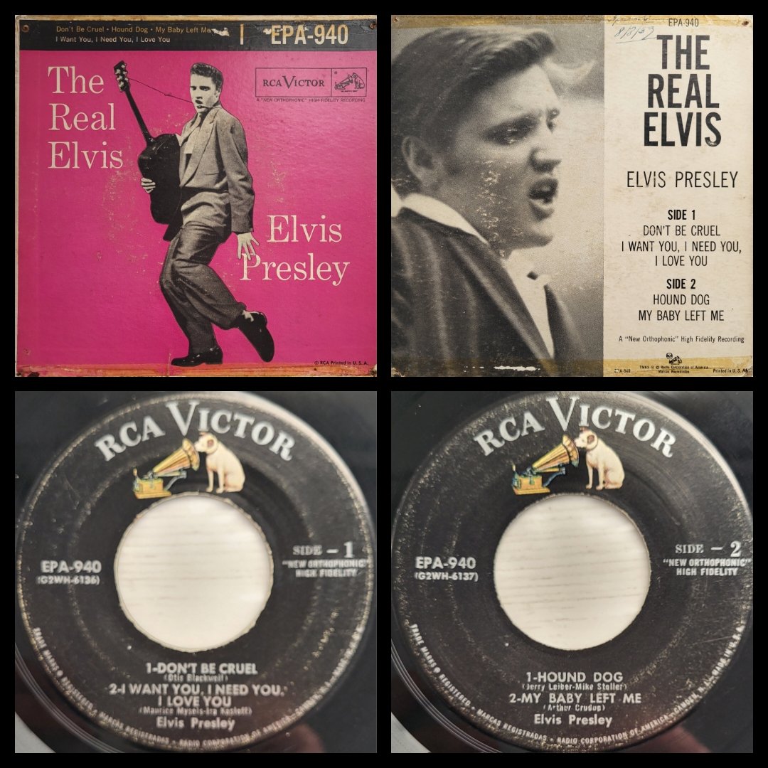 VinylElvis's tweet photo. Title: THE REAL ELVIS 

Side A: Don't Be Cruel/ I Want You I Need You I Love You
Side B: Hound Dog/ My Baby Left Me

Label: RCA Victor
Released: August 17, 1956
Cat.-No.: EPA 940
Format: 7 '' / 45 RPM https://t.co/PWaYzPQPON