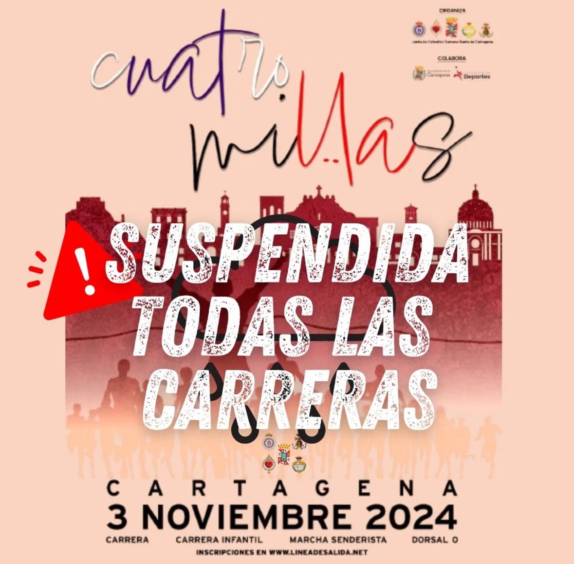 AytoCartagenaES's tweet photo. ❌ Suspendidas todas las pruebas de la Carrera Cuatro Millas debido a las condiciones meteorológicas. 

🟠 Los servicios municipales de #Cartagena permanecen atentos a la evolución del episodio de aviso naranja en el que nos encontramos. 

👉🏼 Sigue nuestras recomendaciones: https://t.co/EYLue3aVXS
