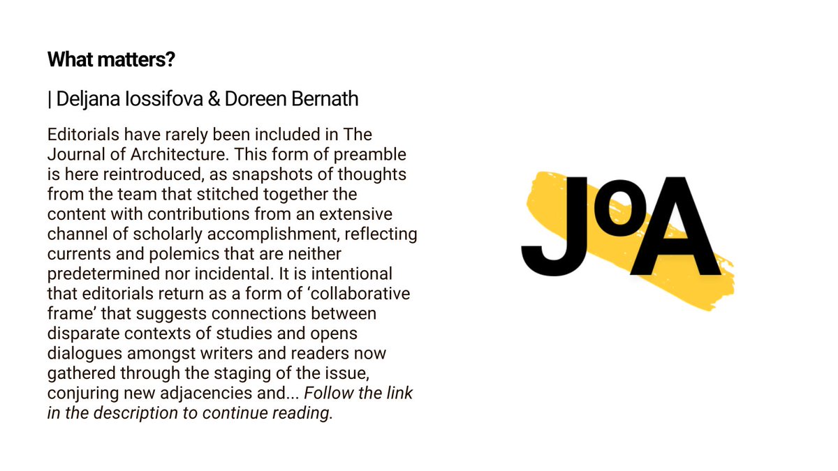 🌟 Free access Editorial 🌟 What matters? - By Deljana Iossifova @deljanai <a href="/UoMUrban/">UoM Urban Institute</a> &amp; Doreen Bernath
tandfonline.com/doi/full/10.10…