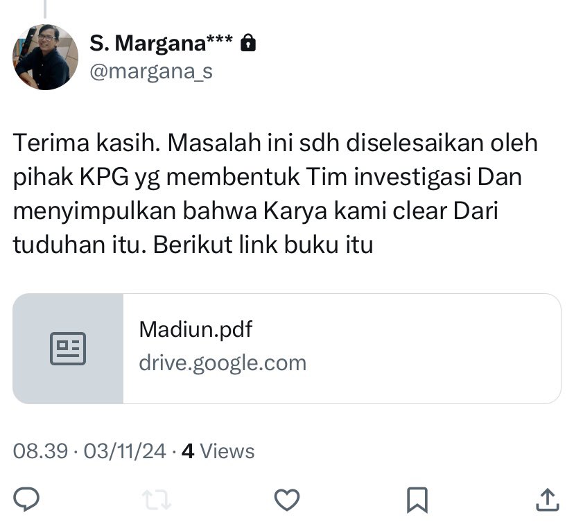 KASUS PLAGIAT DOSEN SEJARAH UGM

Menanggapi tuduhan plagiat atas Kuasa Ramalan (KR), Pak Margana berkilah bahwa kasusnya klir. Ia jg melampirkan e-book Madiun. Sayangnya ia mengirim cetakan ke-3 (sudah direvisi). Sementara jejak plagiatnya ada di cet. 1 &amp; 2.

Utas>>>