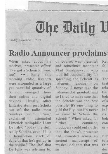 Vlad Smishkewych (@vladsmishkewych) on Twitter photo Someone sent this clipping to me in advance of the programme today...the headline reads: 'Radio Announcer proclaims: Scheidt, Schutz through the wireless this morning' #schuetzandgiggles #goodscheidt <a href="/RTElyricfm/">RTÉ lyric fm</a> Someone sent this clipping to me in advance of the programme today...the headline reads: 'Radio Announcer proclaims: Scheidt, Schutz through the wireless this morning' #schuetzandgiggles #goodscheidt <a href="/RTElyricfm/">RTÉ lyric fm</a>