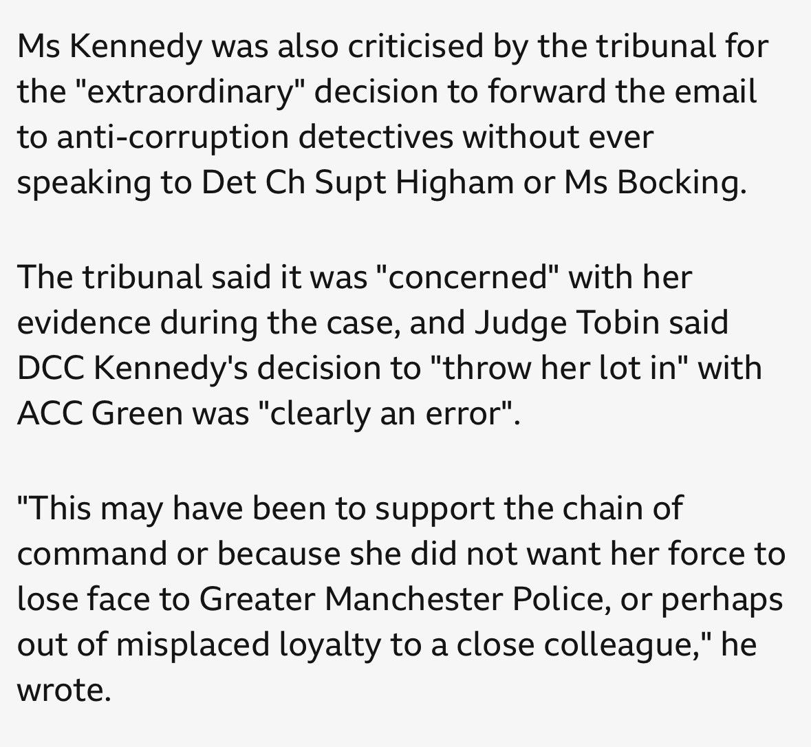 DataRecoverblog's tweet photo. @Suffragent_ @merpolchiefcon @MerseyPolice Ms Kennedy was also criticised by the tribunal for the "extraordinary" decision.. 
The tribunal said it was "concerned" with her evidence during the case, and Judge Tobin said DCC Kennedy's decision to "throw her lot in" with ACC Green was "clearly an error". https://t.co/OLcRnZFUnf