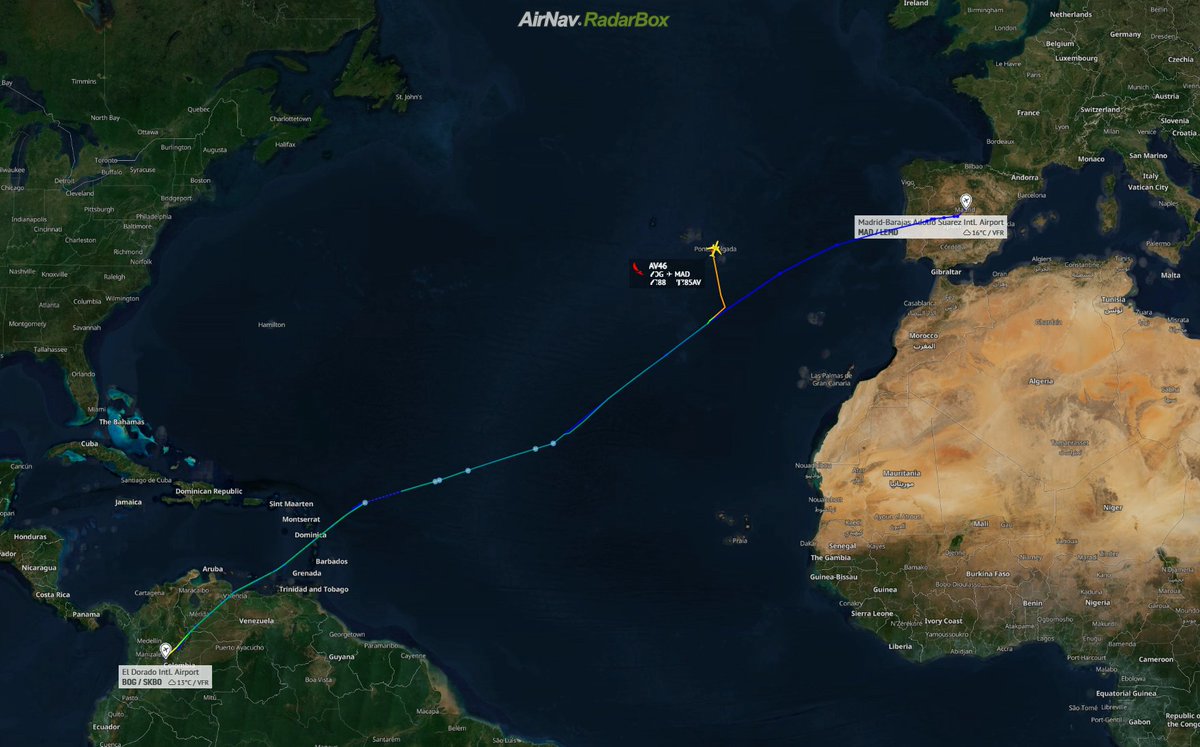 airwaysmagazine's tweet photo. This Week: Avianca flight #AV46 from Bogotá to Madrid diverted to Ponta Delgada due to an engine problem, which was subsequently shut down during the flight.

📱Use the code AIRWAYSMAG10 for 10% off on any
@RadarBoxCom subscription plan https://t.co/J7EsBLNm4b https://t.co/EkQ8wMzqUm