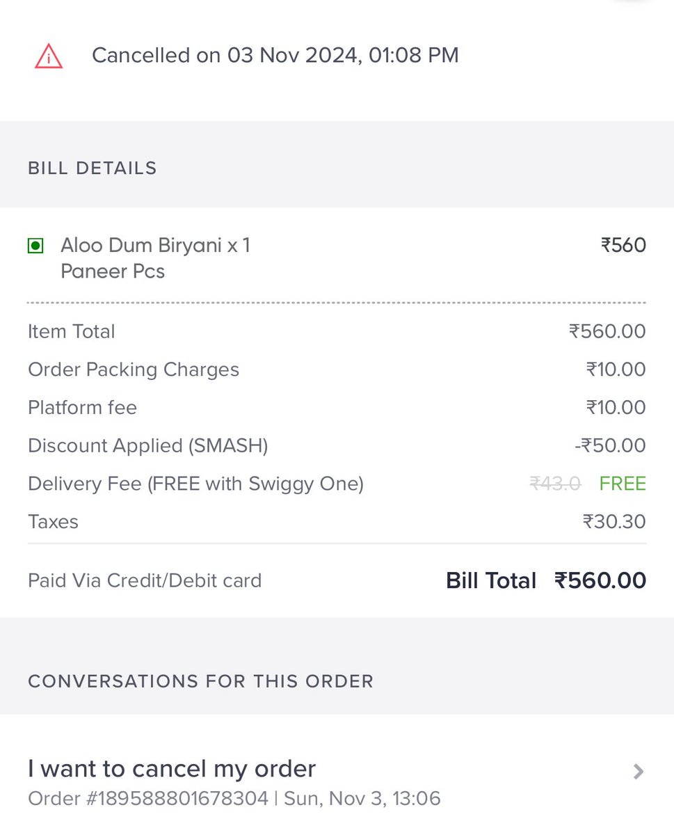 KingWin03's tweet photo. @Swiggy @Swiggy How can you charge 560rs for cancellation within 4 minutes. https://t.co/Y0xDcB8xxa