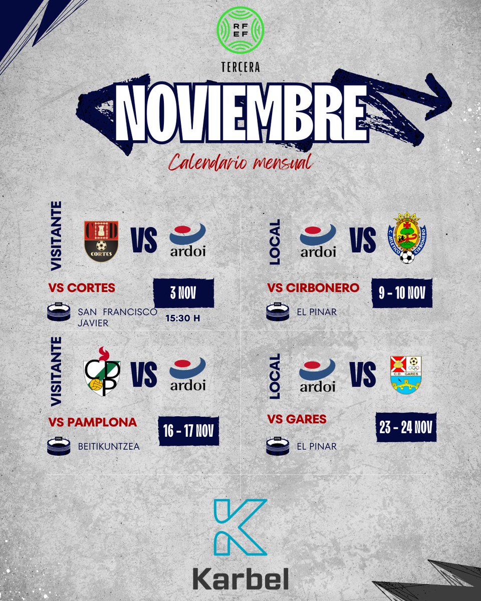📆 𝐂𝐀𝐋𝐄𝐍𝐃𝐀𝐑𝐈𝐎 | 🔛 𝙉𝙊𝙑𝙄𝙀𝙈𝘽𝙍𝙀

🚌   J9 | 🆚 <a href="/CD_Cortes3/">Club Deportivo Cortes</a> 
🏠 J10 | 🆚 <a href="/CAT_Cirbonero/">C.A Cirbonero</a> 
🚌  J11 | 🆚 <a href="/cd_pamplona/">C.D. Pamplona</a> 
🏠 J12 | 🆚 <a href="/cdgares/">Club Deportivo Gares</a>   

#TerceraRFEF