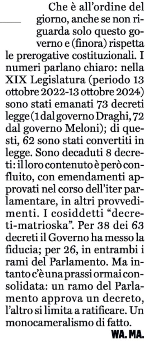 Siamo di fatto in un monocameralismo, scrive a ragione veduta <a href="/WandaMarra/">Wanda Marra</a>. E lo svuotamento del parlamento è ormai pressoché compiuto, aggiungo io: chissà se i cittadini ne sono consapevoli.