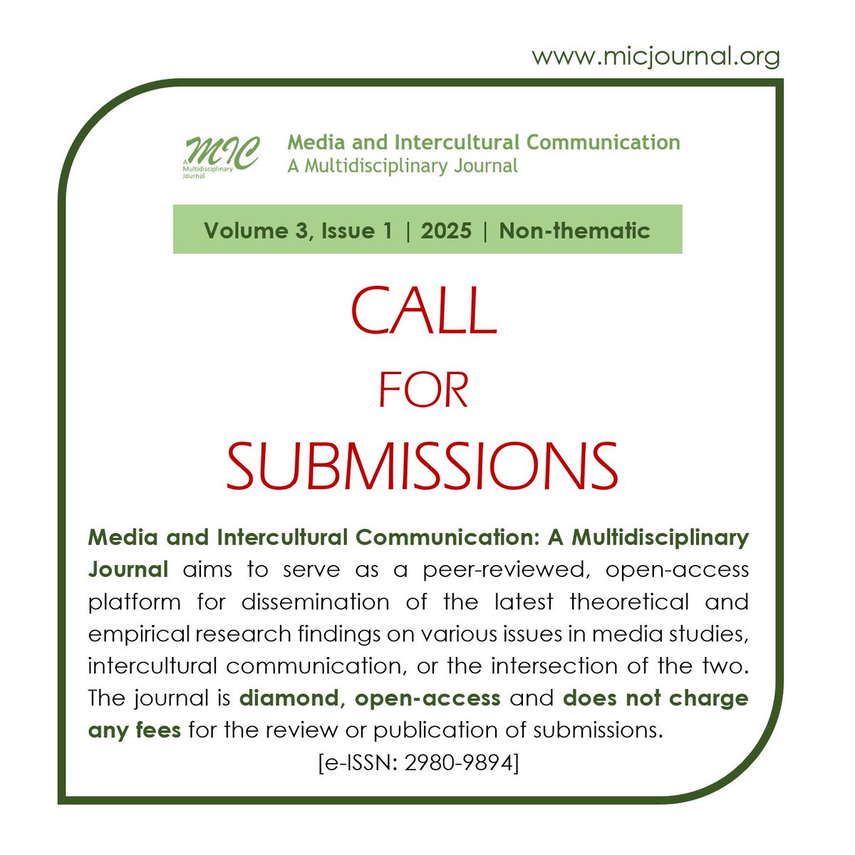 Journal_MIC's tweet image. Call for Submissions. 🔗 micjournal.org
#diamond #open_access #no_charges #media #communication #intercultural_studies #translation #accessibility #AVT #technologies #Generative_AI