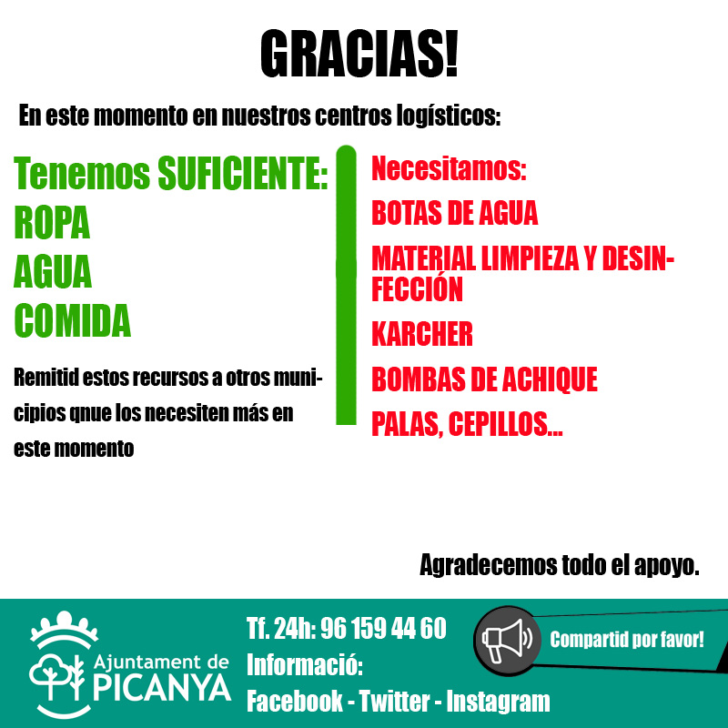 aPicanya's tweet photo. GRACIAS!
En ESTE tenemos SUFICIENTE:
ROPA
AGUA
COMIDA
Remitid estos recursos a otros munipios que los necesiten más.
NECESITAMOS:
Botas de agua
Material de limpieza y desinfeccion
Karcher
Bombas de achique
Mascarillas
Palas, cepillos...
Agradecemos todo el apoyo! https://t.co/dyZIuNgFka