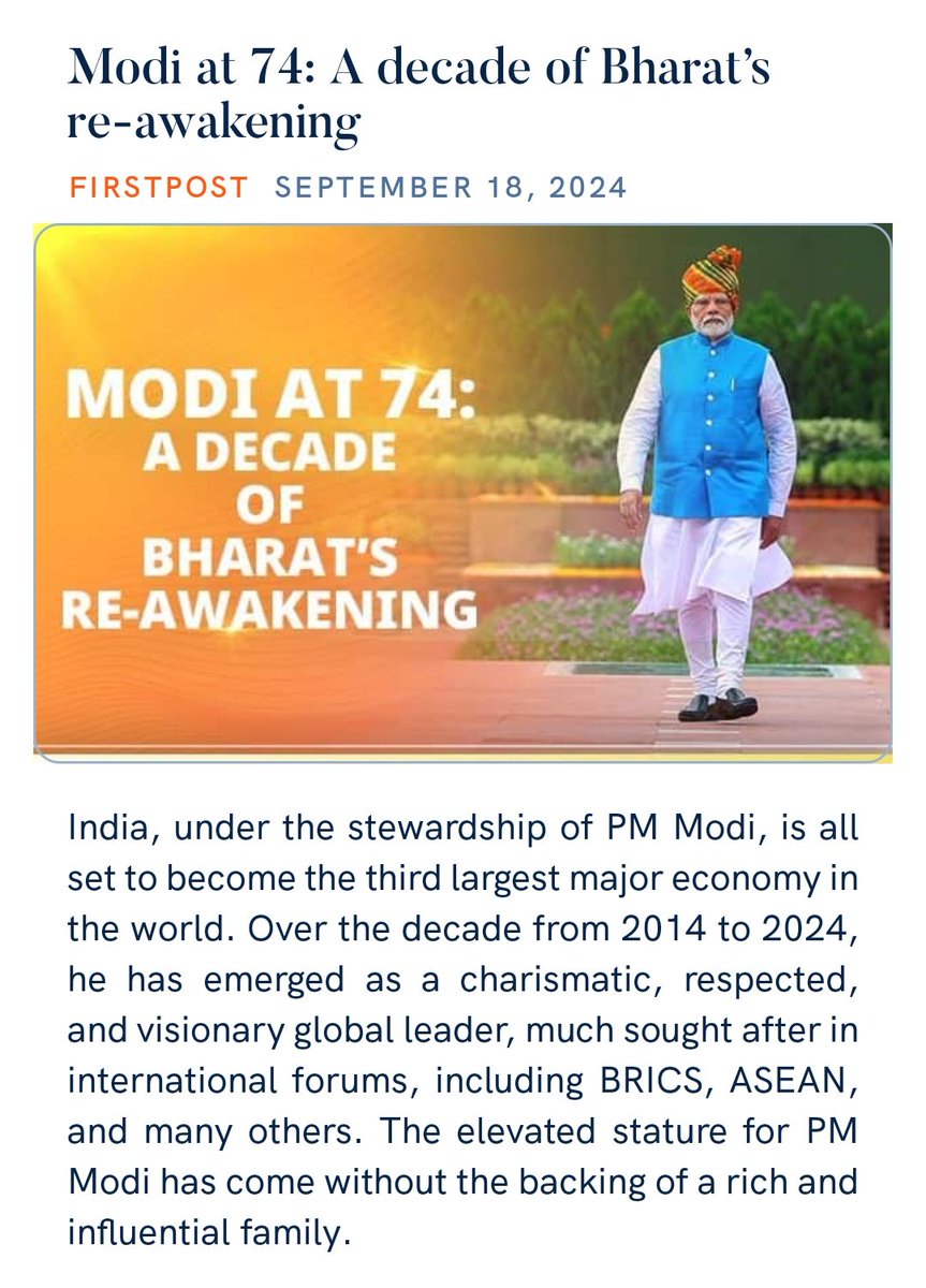 zahidpatka's tweet image. #ModiAt74 A decade of Bharat’s re-awakening
From Fragile Five To Top Three Economies Of the World
PM @narendramodi Ji has emerged as a charismatic, respected visionary global leader,much sought after in international forums,including BRICS, ASEAN
firstpost.com/opinion/modi-a…
@PMOIndia
