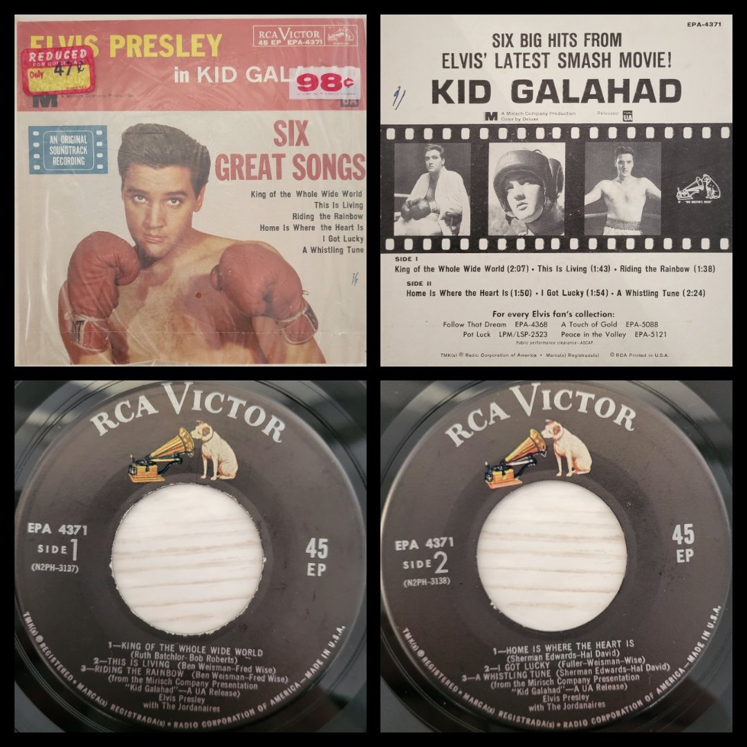 VinylElvis's tweet photo. Title: KID GALAHAD 

Side A: King Of The Whole Wide World/ This Is Living/ Riding The Rainbow
Side B: Home Is Where The Heart Is/ I Got Lucky/ Whistling Tune

Label: RCA Victor
Released: August 28, 1962
Cat.-No.: EPA 4371
Format: 7 '' / 45 RPM https://t.co/sZBS8AVZua