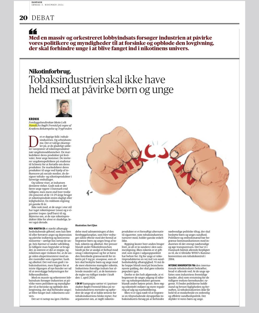 Tobaksindustrien arbejder for at få nye unge kunder i nikotinbutikken. Og det indebærer også en massiv lobbyindsats for at forhindre politisk handling. Godt at <a href="/sophieloehde/">Sophie Løhde</a> m.fl. holder fast i at beskytte børn &amp; unge mod at blive hooked på de sundhedsskadelige produkter #sundpol