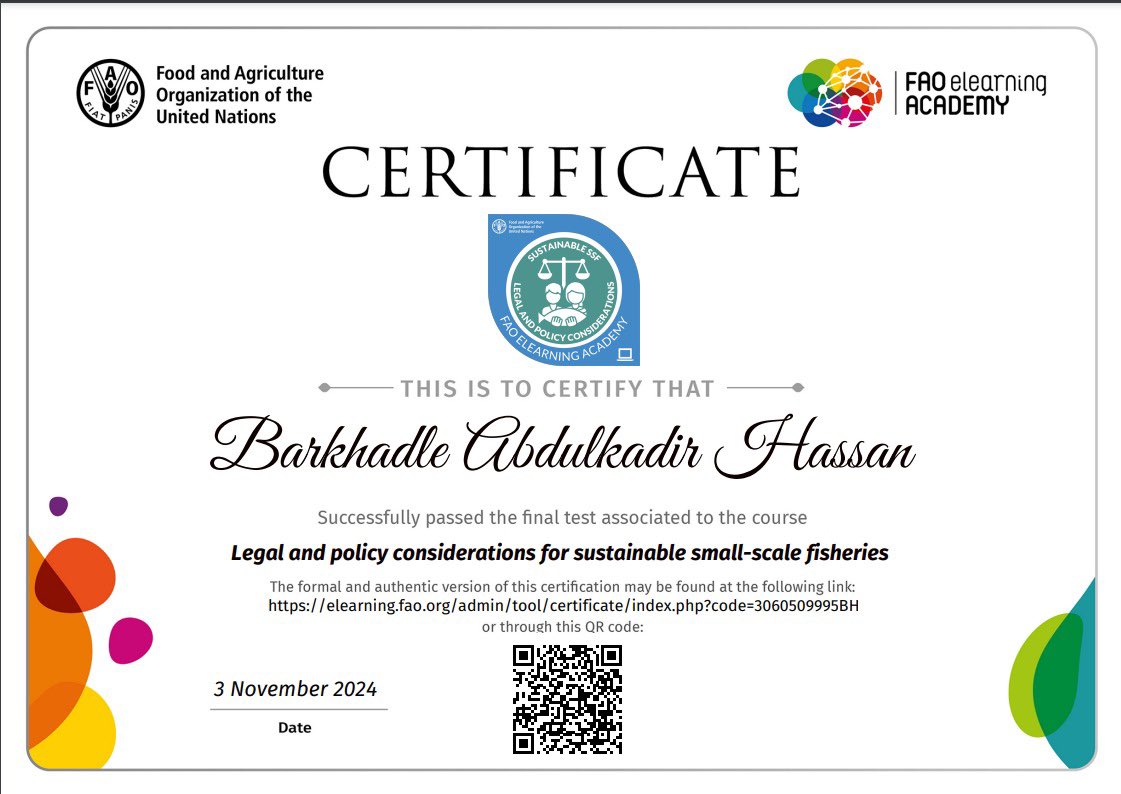 BarkhadleAbdulk's tweet image. I am thrilled to share that l&apos;ve completed the &apos;Legal and Policy considerations for Sustainable Small-scale Fisheries&apos; online course from the Food and Agriculture Organization (FAO of the United Nations e-Learning Academy! 🎣🌎

@ADirshe @AliifiyeAli @A_Addow