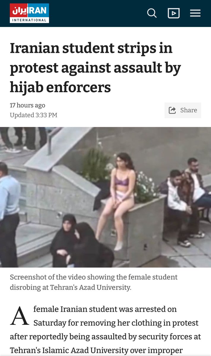 TheDeshBhakt's tweet photo. Stripping down to your underpants after being attacked by the morality police is like inviting death in Iran…
This courage reminds us of the Tank Man of Tiananmen Square.
Sadly this girl will now be made to vanish or killed - because even the Ayatollahs of the nation know that suppressing the nation in the name of religion has an expiry date.
The establishment has already floated a theory that the girl was mentally unstable and under a lot of pressure- (but that can said of the Iranian leadership too)
Meanwhile Iran would find itself even more isolated internationally for carrying on with this stupidity.