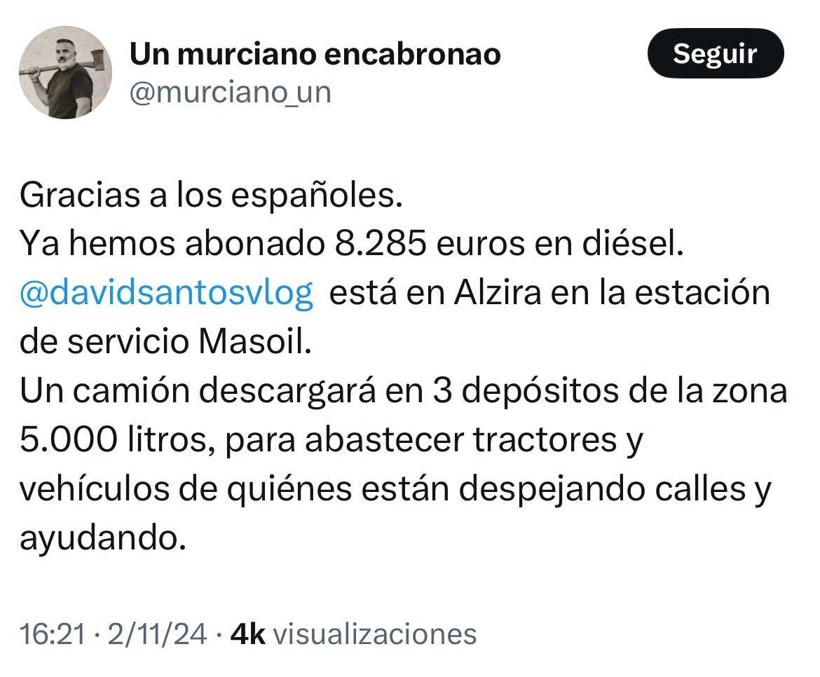 🔴ALERTA

Los fachatubers David Santos y murciano acojonao dicen que han “abonado” en Alzira 5.000 litros de diésel después de recaudar 8.285€ en donaciones. 1,657€ x litro.

El diésel en esa gasolinera estaba ayer a 1,359€. 5.000 litros son 6.795 €.

Ahora van a buscar